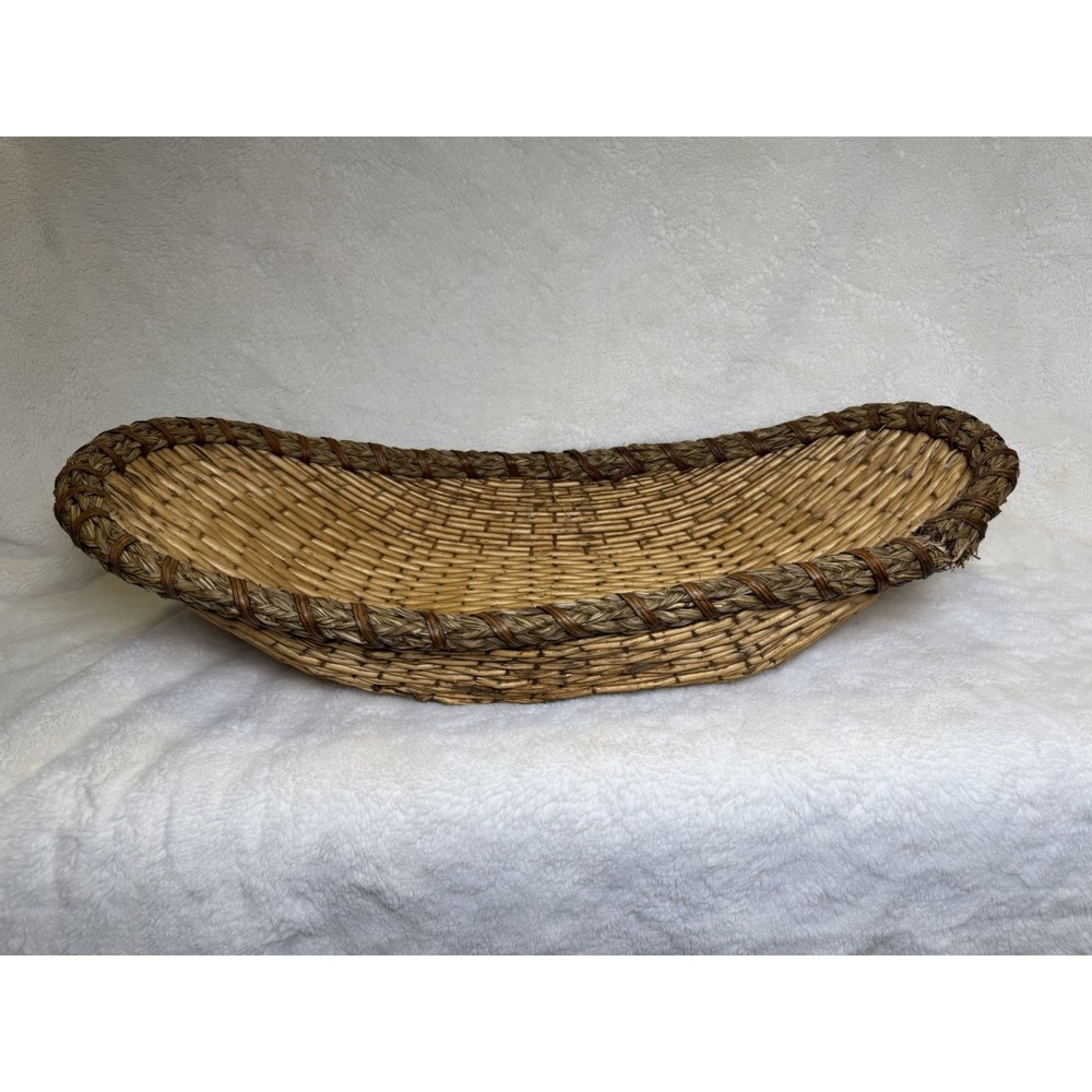 Antique Winnowing Basket Bamboo Tray Egg Shaped Bohemian Primitive Rustic 22x11"